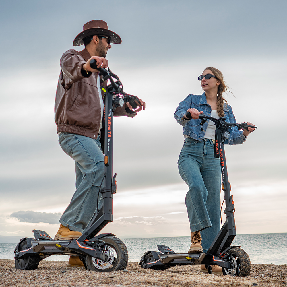 Stylish urban commute with KuKirin T3 electric scooter in motion